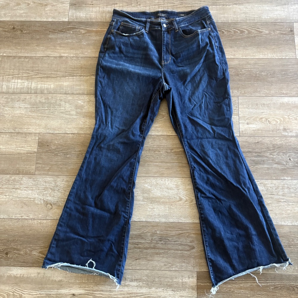 Judy Blue Flare Jeans Women 18W Plus Dark Blue High Rise Raw Hem Stretch Denim
